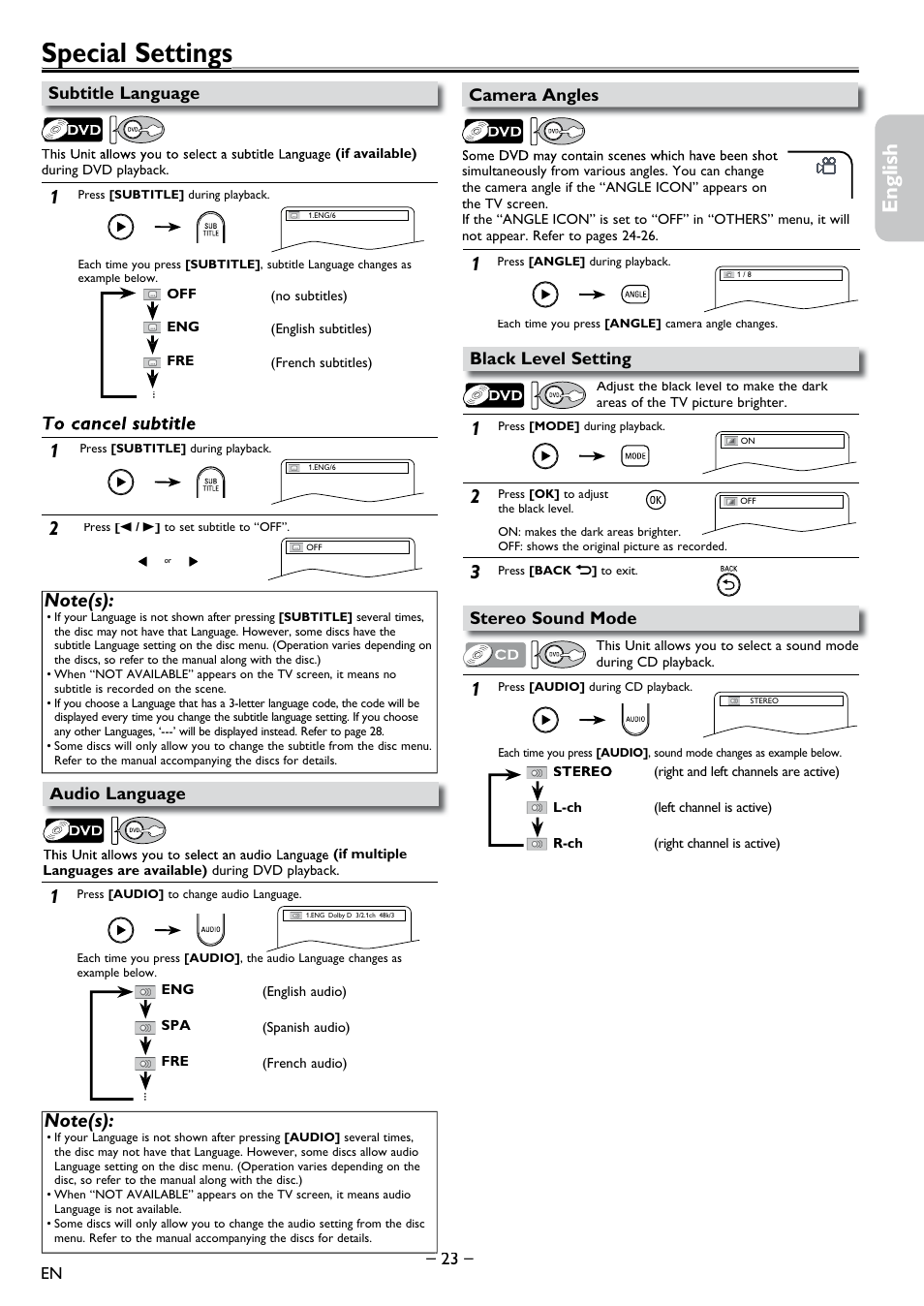 Special settings, Subtitle language, Audio language | Camera angles, Black level setting, Stereo sound mode, Special settings p g, English français español, 23 – – camera angles | Philips DVD-VCR Player DVP3355V User Manual | Page 23 / 30