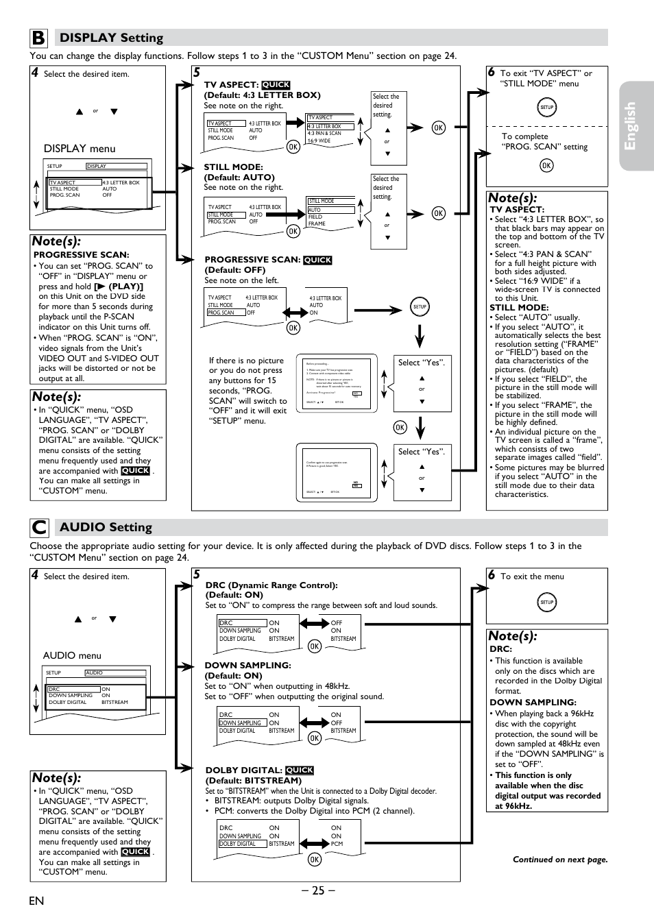 Display setting, Audio setting, English français español | 25 – – display setting, Display menu | Philips DVD-VCR Player DVP3355V User Manual | Page 25 / 30