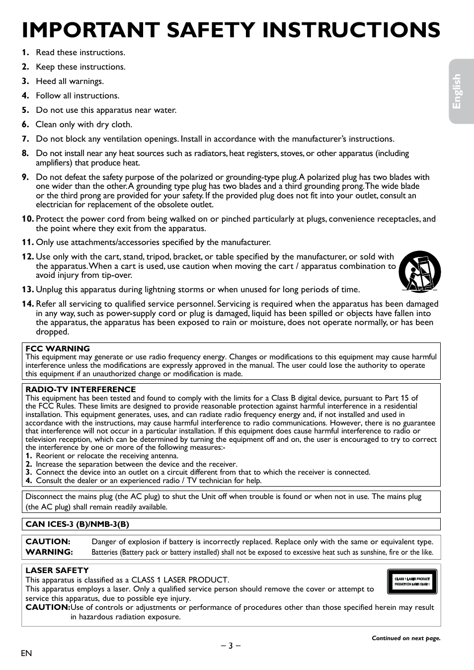 Important safety instructions, English français español | Philips DVD-VCR Player DVP3355V User Manual | Page 3 / 30