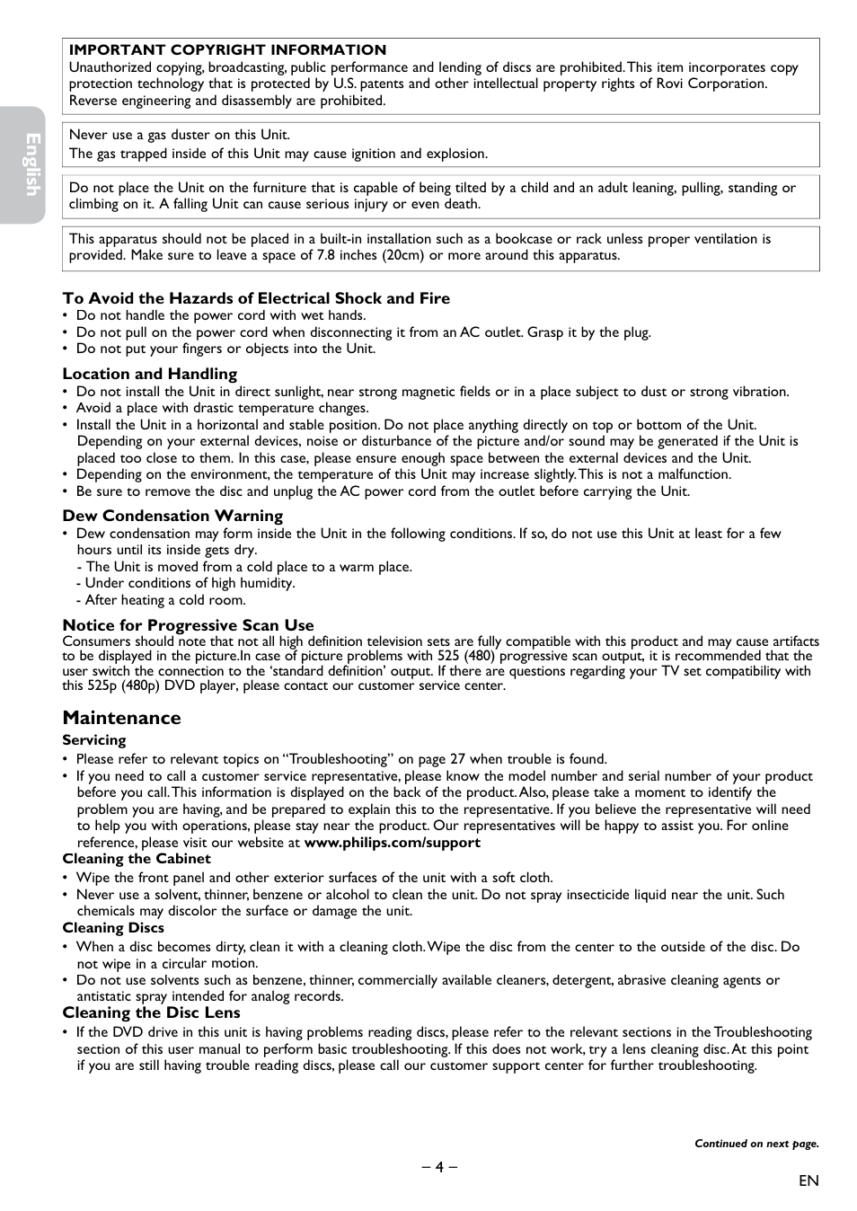 Español français english, Maintenance | Philips DVD-VCR Player DVP3355V User Manual | Page 4 / 30