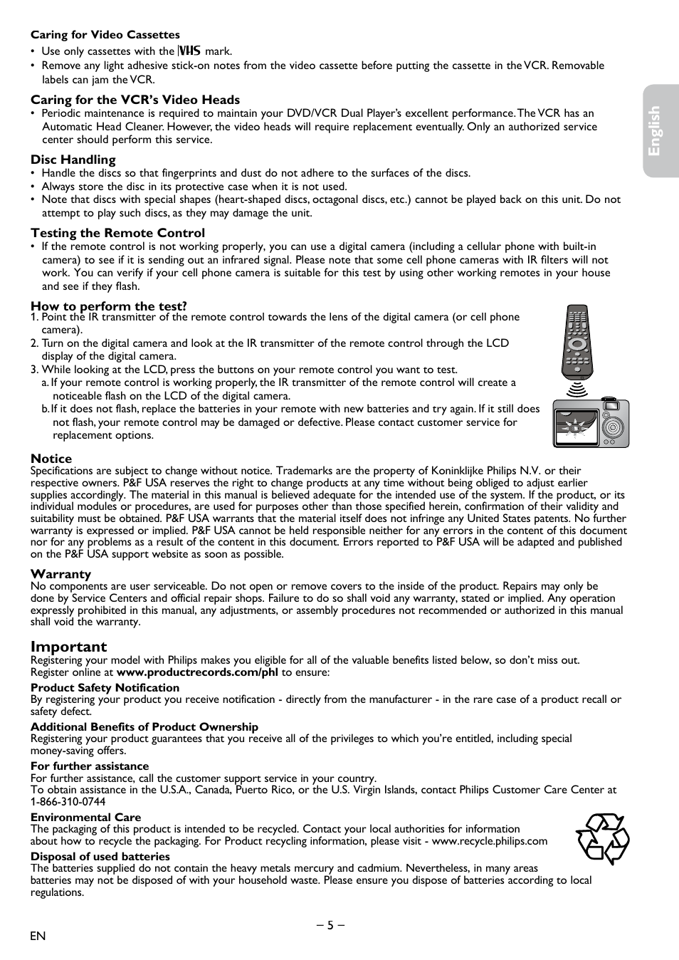 English français español, Important | Philips DVD-VCR Player DVP3355V User Manual | Page 5 / 30