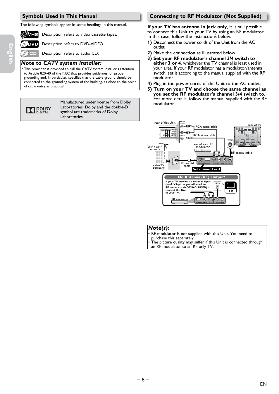 Symbols used in this manual, Connecting to rf modulator (not supplied), Español français english | Philips DVD-VCR Player DVP3355V User Manual | Page 8 / 30
