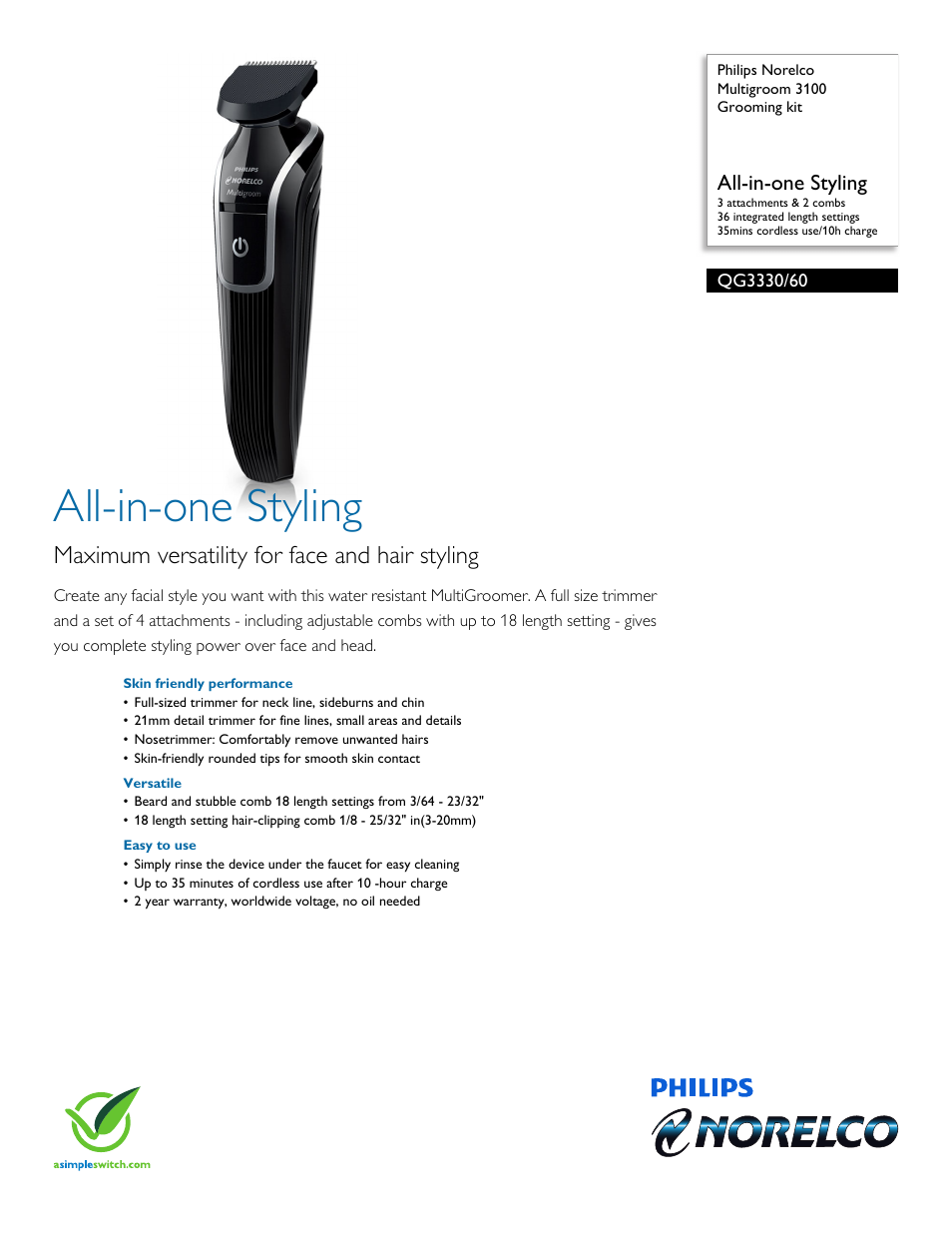Philips Norelco Multigroom 3100 Series 3000 grooming kit QG3330-60 All-in-one Styling 3 attachments & 2 combs 36 integrated length settings 35mins cordless use-10h charge User Manual | 3 pages