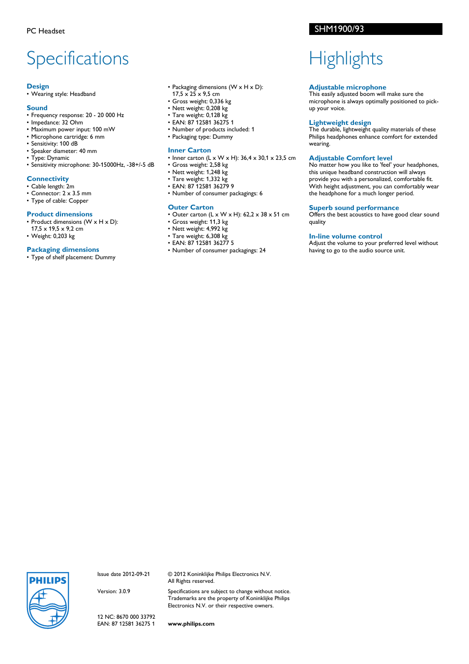 Specifications, Highlights | Philips SHM1900-93 User Manual | Page 2 / 2