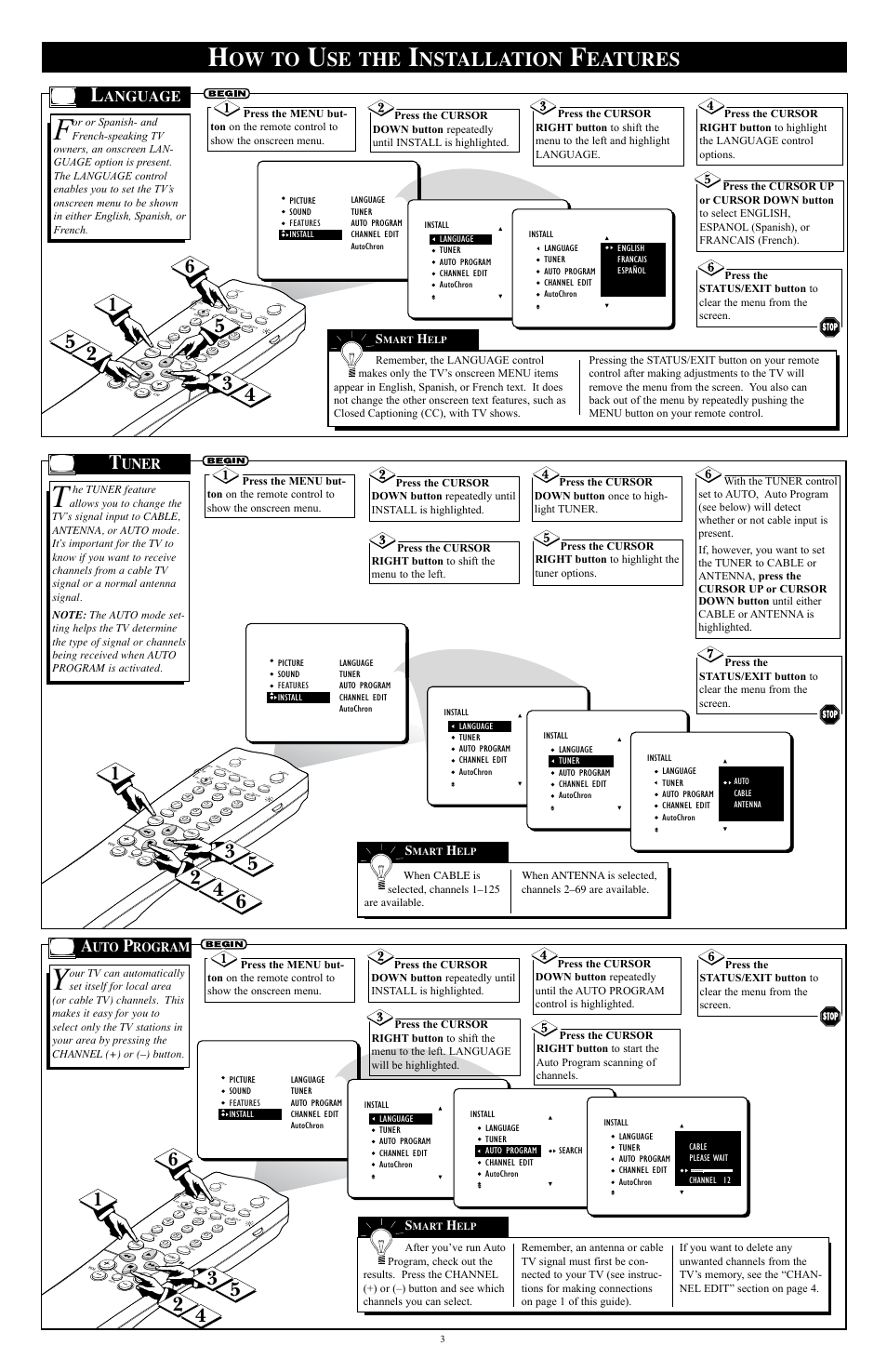 Ow to, Se the, Nstallation | Eatures, Anguage, Uner, Rogram | Philips 32RF50S User Manual | Page 3 / 4