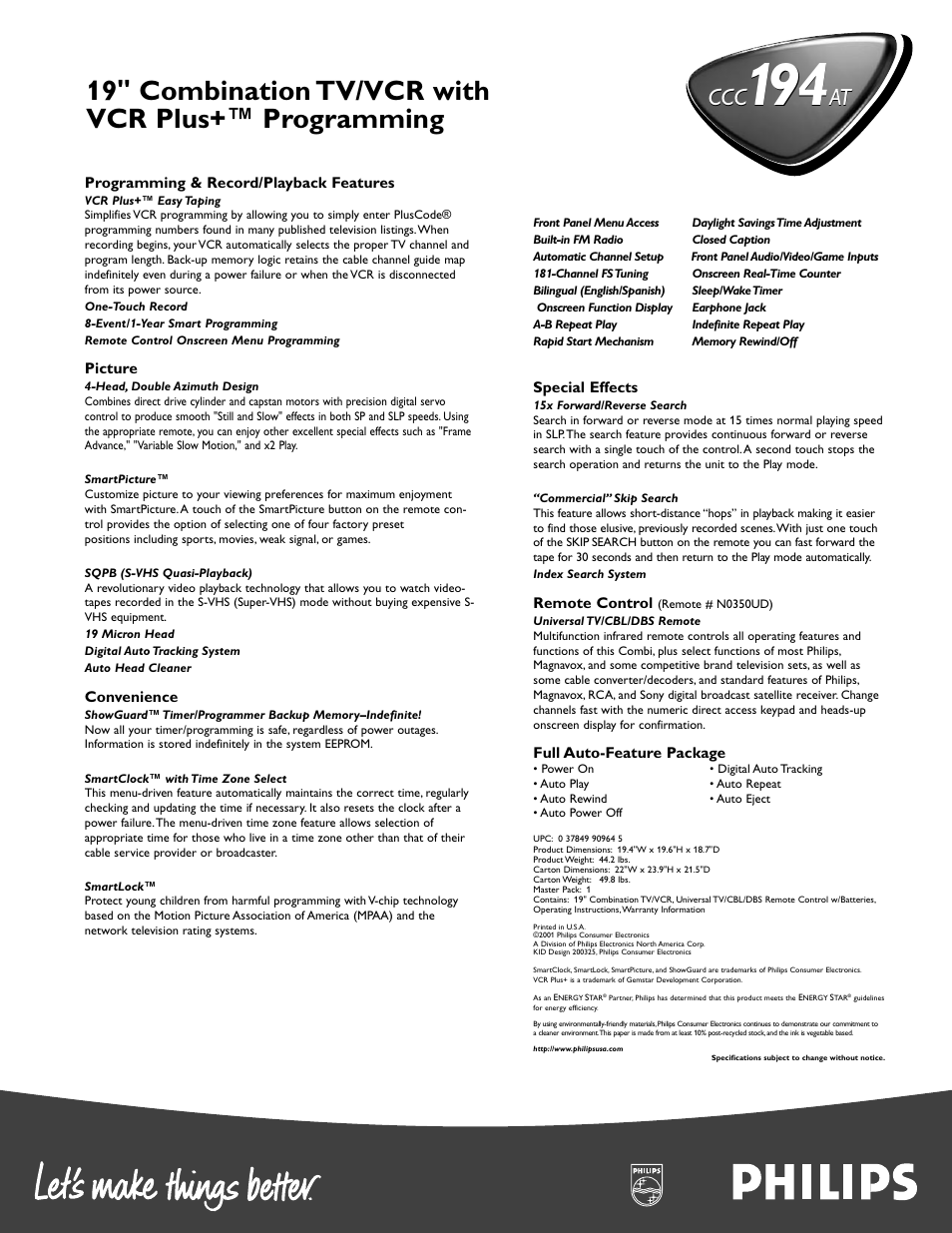 19" combination tv/vcr with vcr plus+™ programming, At ccc | Philips CCC194AT User Manual | Page 2 / 2