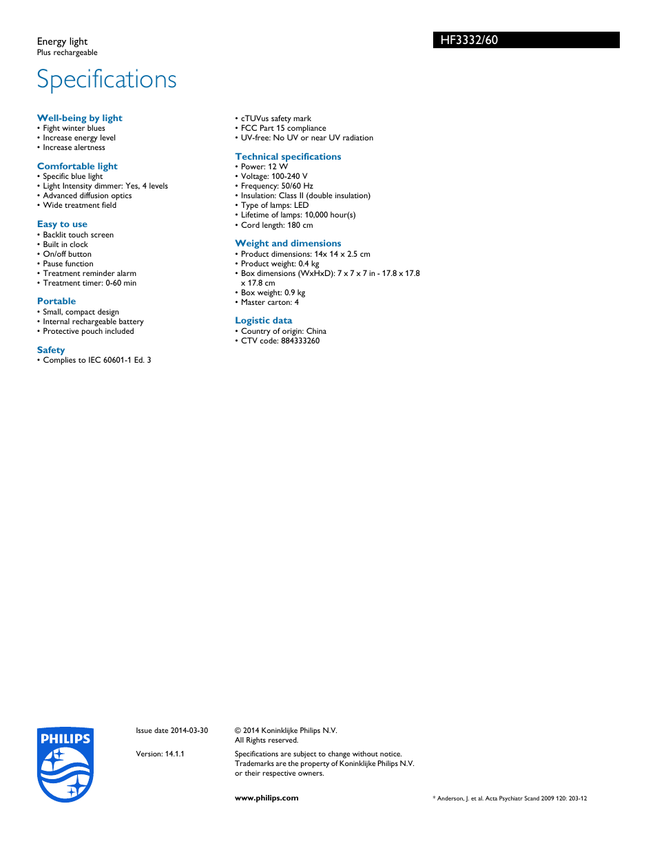 Specifications | Philips HF3332-60 User Manual | Page 3 / 3