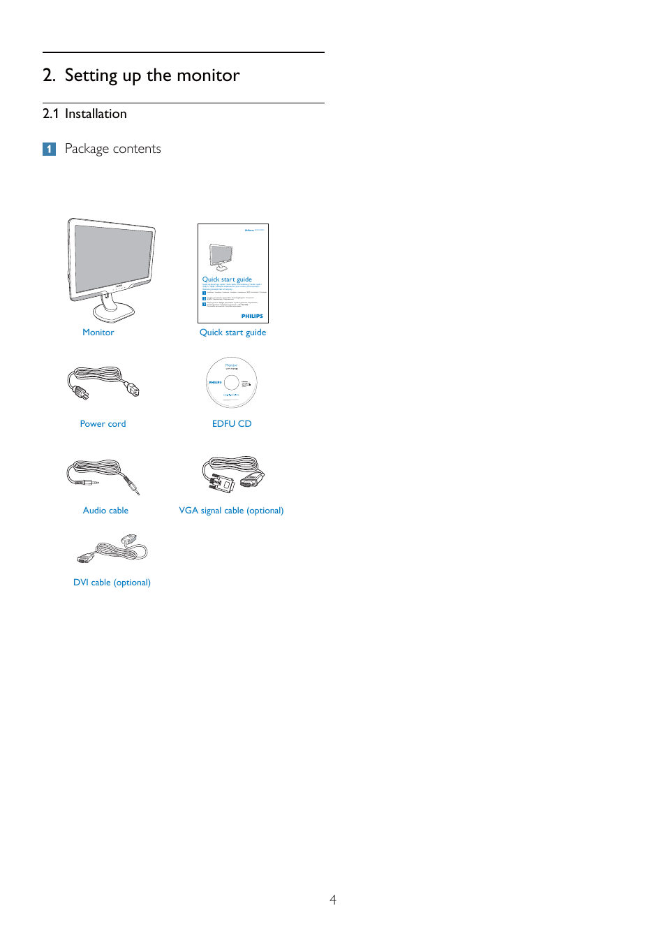 Setting up the monitor, 1 installation package contents | Philips 235P2EB-27 User Manual | Page 6 / 59