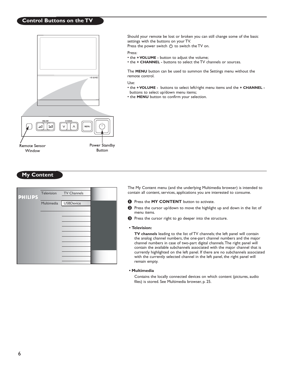 Control buttons on the tv, My content | Philips 51PP9200D-37 User Manual | Page 14 / 112