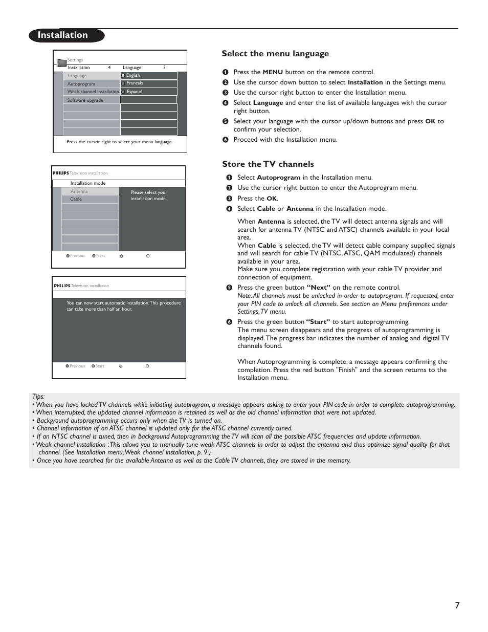 Installation, Store the tv channels select the menu language | Philips 51PP9200D-37 User Manual | Page 15 / 112