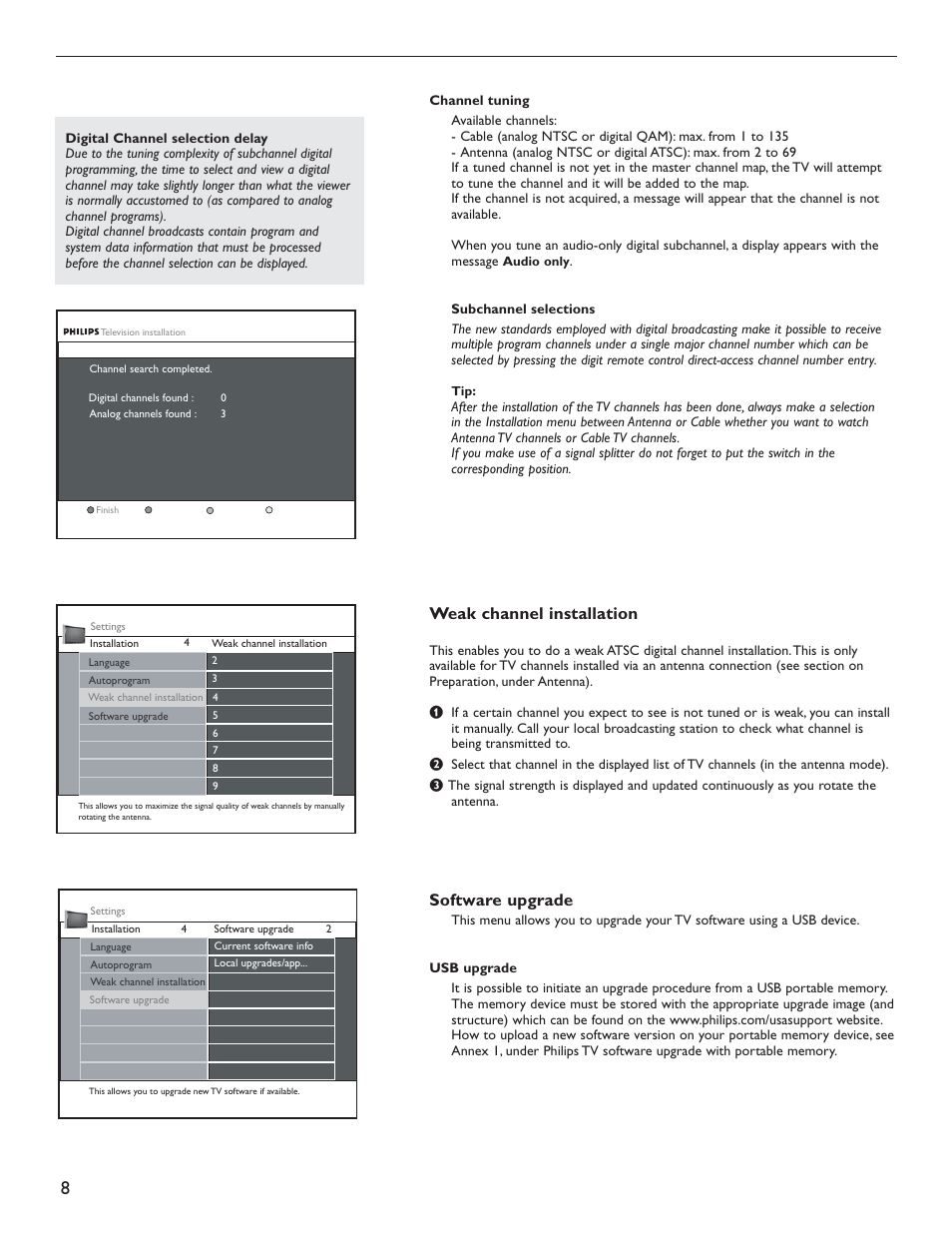 Weak channel installation, Software upgrade | Philips 51PP9200D-37 User Manual | Page 16 / 112