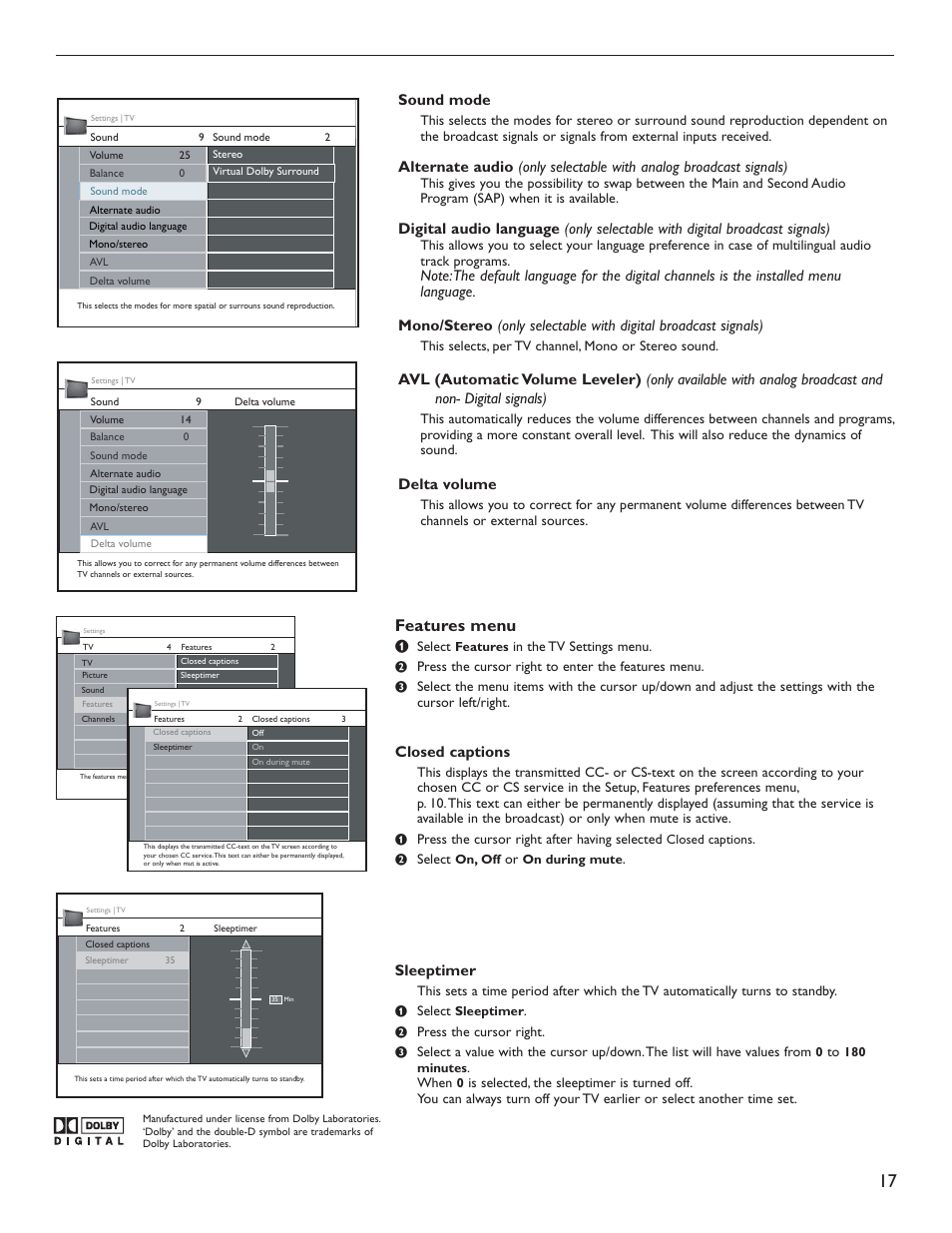 Features menu, Sound mode, Delta volume | Closed captions, Sleeptimer | Philips 51PP9200D-37 User Manual | Page 25 / 112