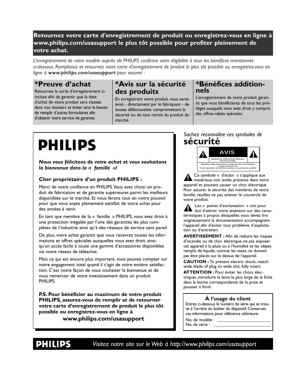 Sécurité, Preuve d’achat, Avis sur la sécurité des produits | Bénéfices addition- nels | Philips 51PP9200D-37 User Manual | Page 43 / 112