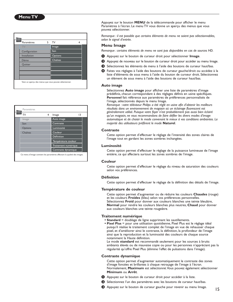 Menu tv, Menu image | Philips 51PP9200D-37 User Manual | Page 58 / 112