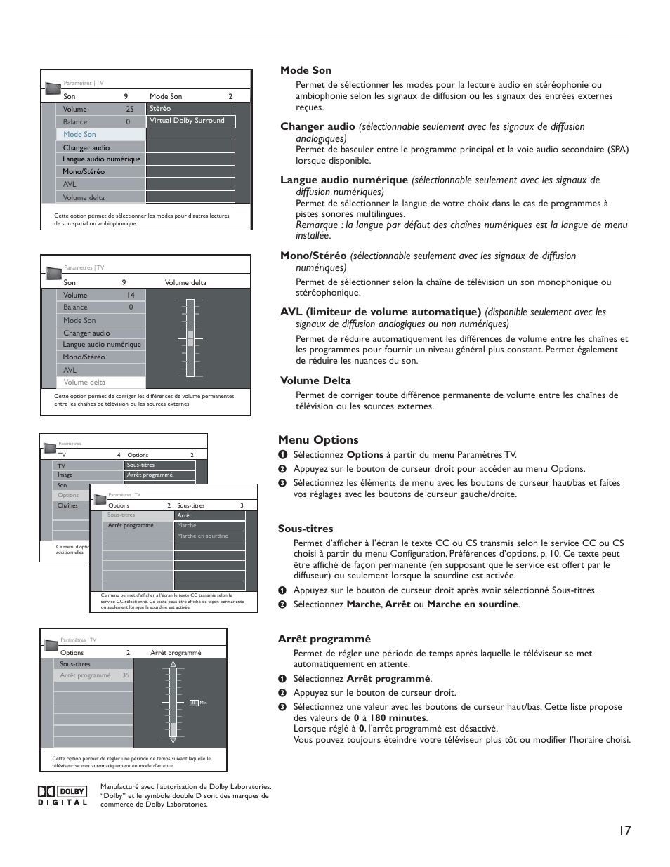 Menu options, Mode son, Volume delta | Sous-titres, Arrêt programmé | Philips 51PP9200D-37 User Manual | Page 60 / 112