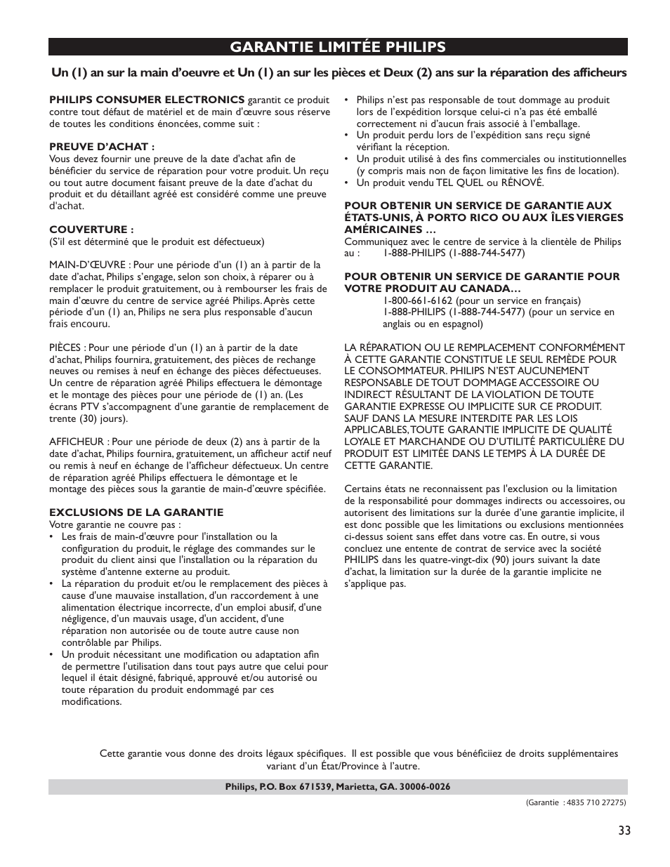 Garantie limitée philips | Philips 51PP9200D-37 User Manual | Page 76 / 112