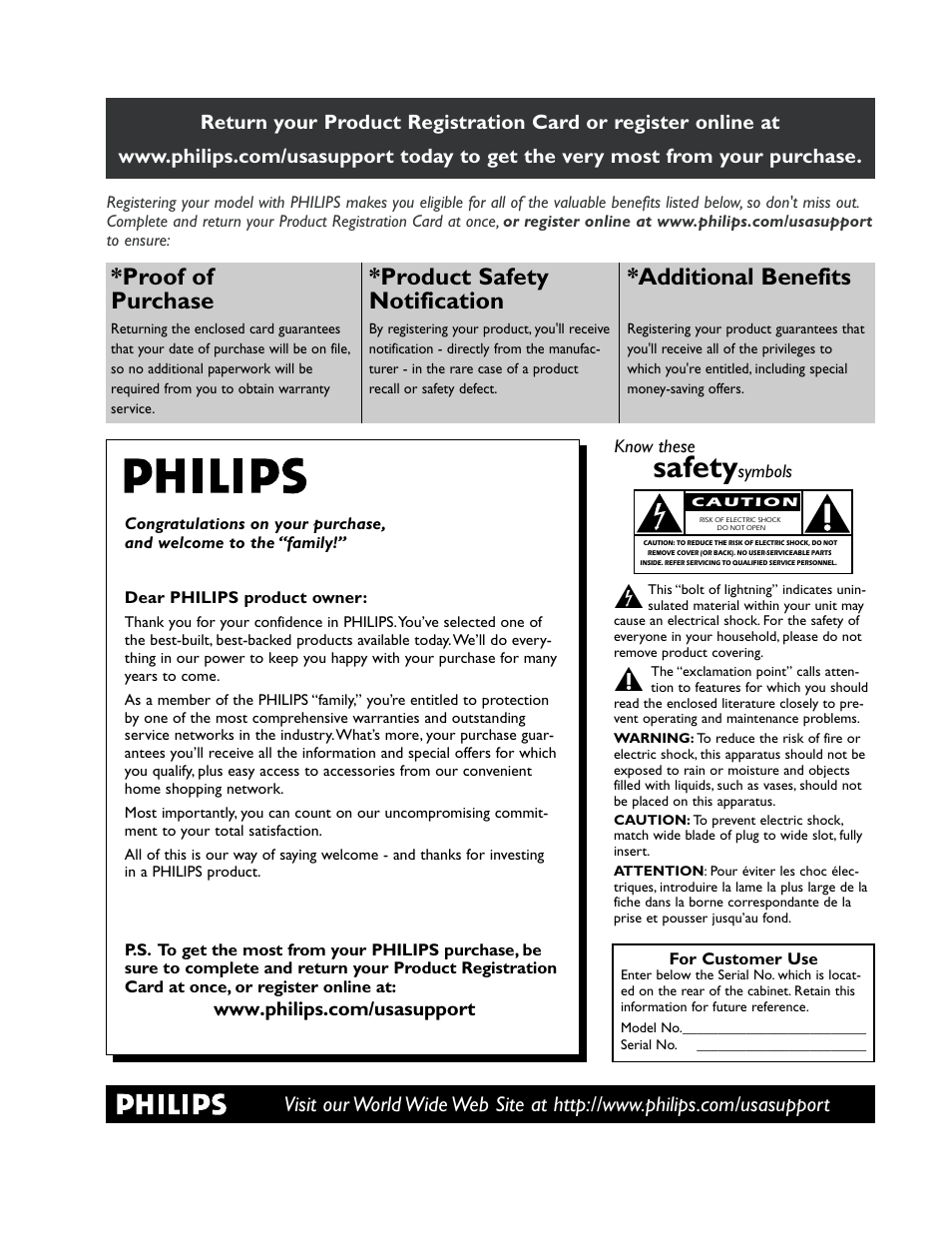 Safety, Proof of purchase, Product safety notification | Additional benefits | Philips 51PP9200D-37 User Manual | Page 8 / 112