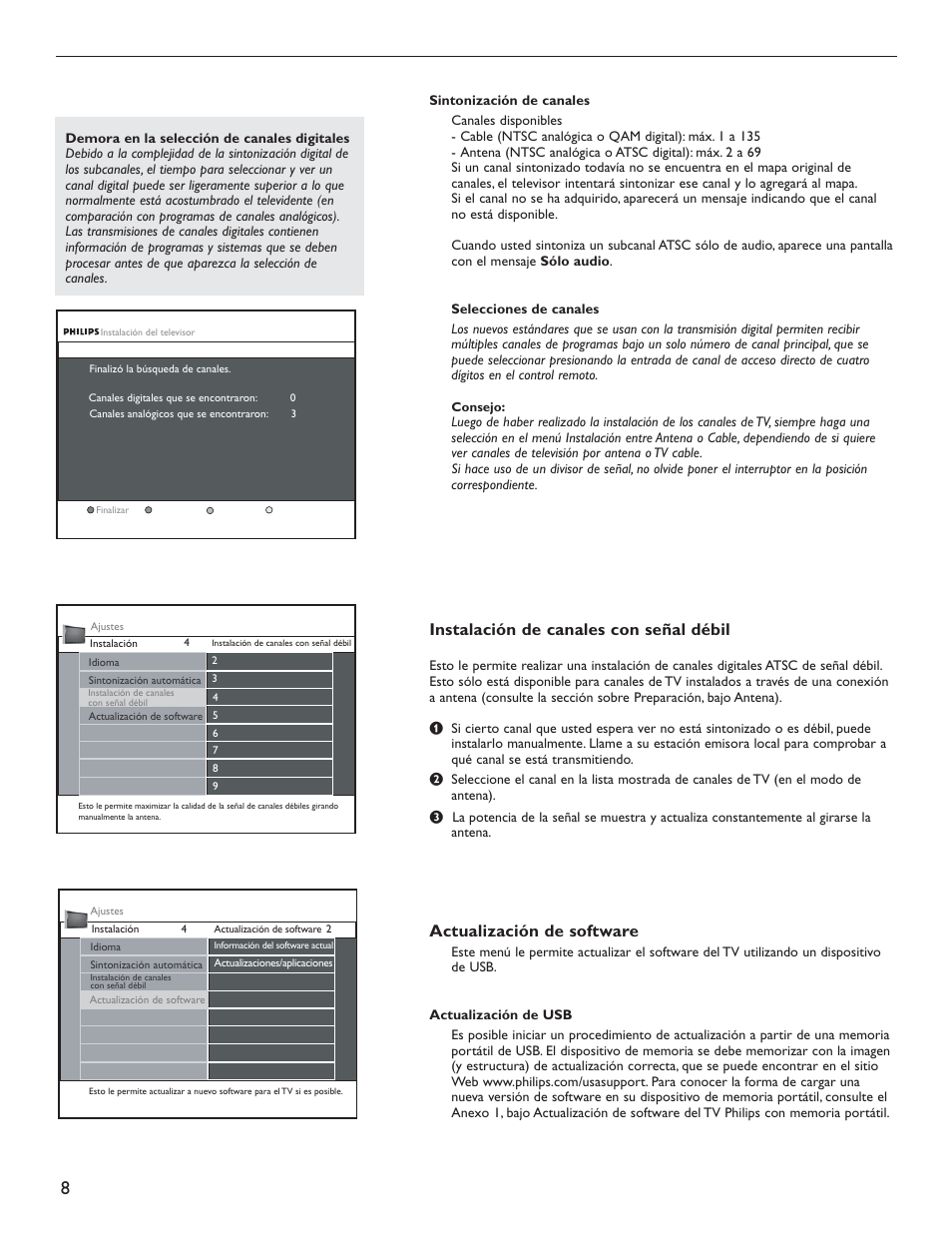 Instalación de canales con señal débil, Actualización de software | Philips 51PP9200D-37 User Manual | Page 86 / 112