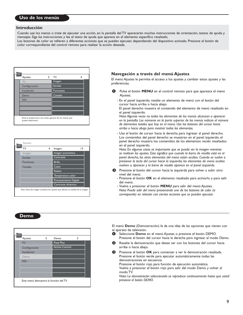 Uso de los menús, Demo, Navegación a través del menú ajustes | Introducción | Philips 51PP9200D-37 User Manual | Page 87 / 112