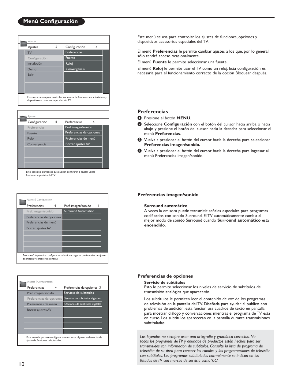 Menú configuración, Preferencias | Philips 51PP9200D-37 User Manual | Page 88 / 112