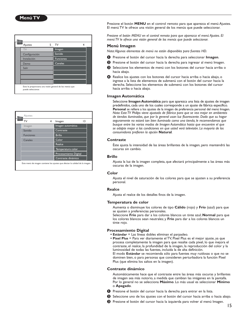 Menú tv, Menú imagen | Philips 51PP9200D-37 User Manual | Page 93 / 112