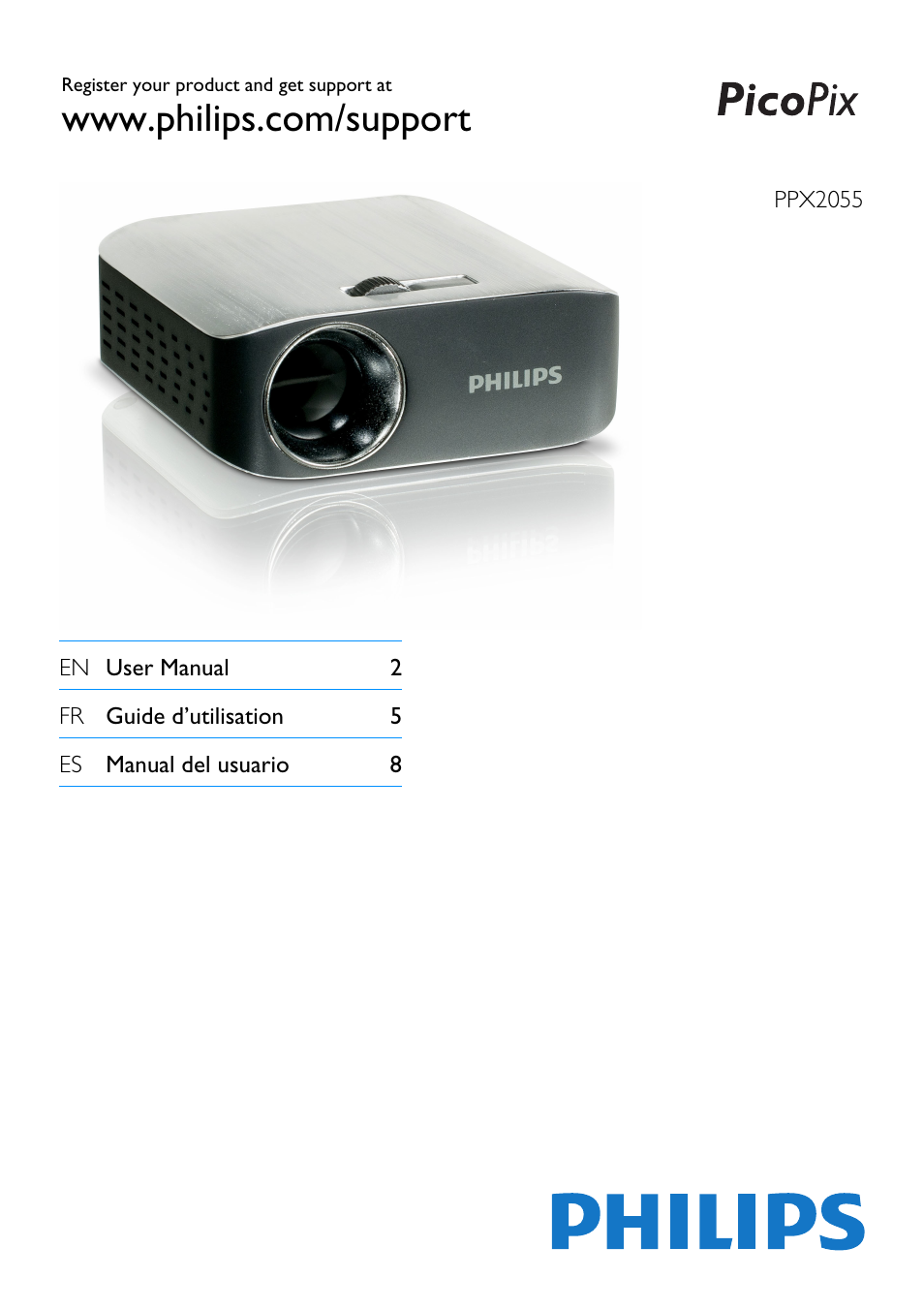 Philips PicoPix Pocket projector PPX2055 55 lumens for Notebooks User Manual | 12 pages