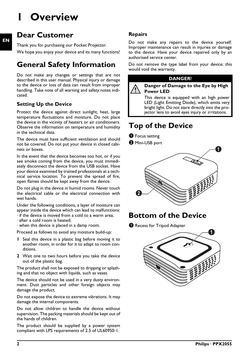 Dear customer, General safety information, Top of the device | Bottom of the device, User manual, 1 overview | Philips PicoPix Pocket projector PPX2055 55 lumens for Notebooks User Manual | Page 2 / 12