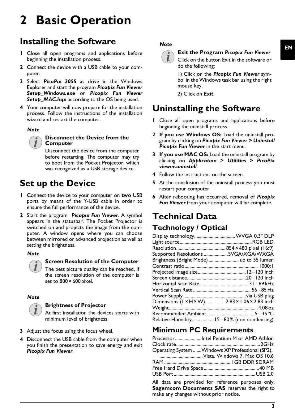 2 basic operation, Installing the software, Set up the device | Uninstalling the software, Technical data, Technology / optical, Minimum pc requirements | Philips PicoPix Pocket projector PPX2055 55 lumens for Notebooks User Manual | Page 3 / 12