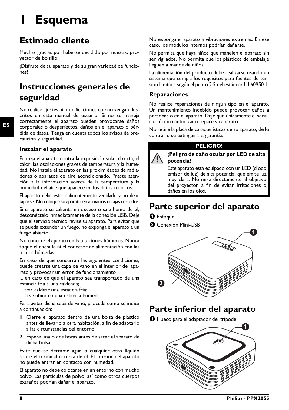Estimado cliente, Instrucciones generales de seguridad, Parte superior del aparato | Parte inferior del aparato, Manual del usuario, 1 esquema | Philips PicoPix Pocket projector PPX2055 55 lumens for Notebooks User Manual | Page 8 / 12