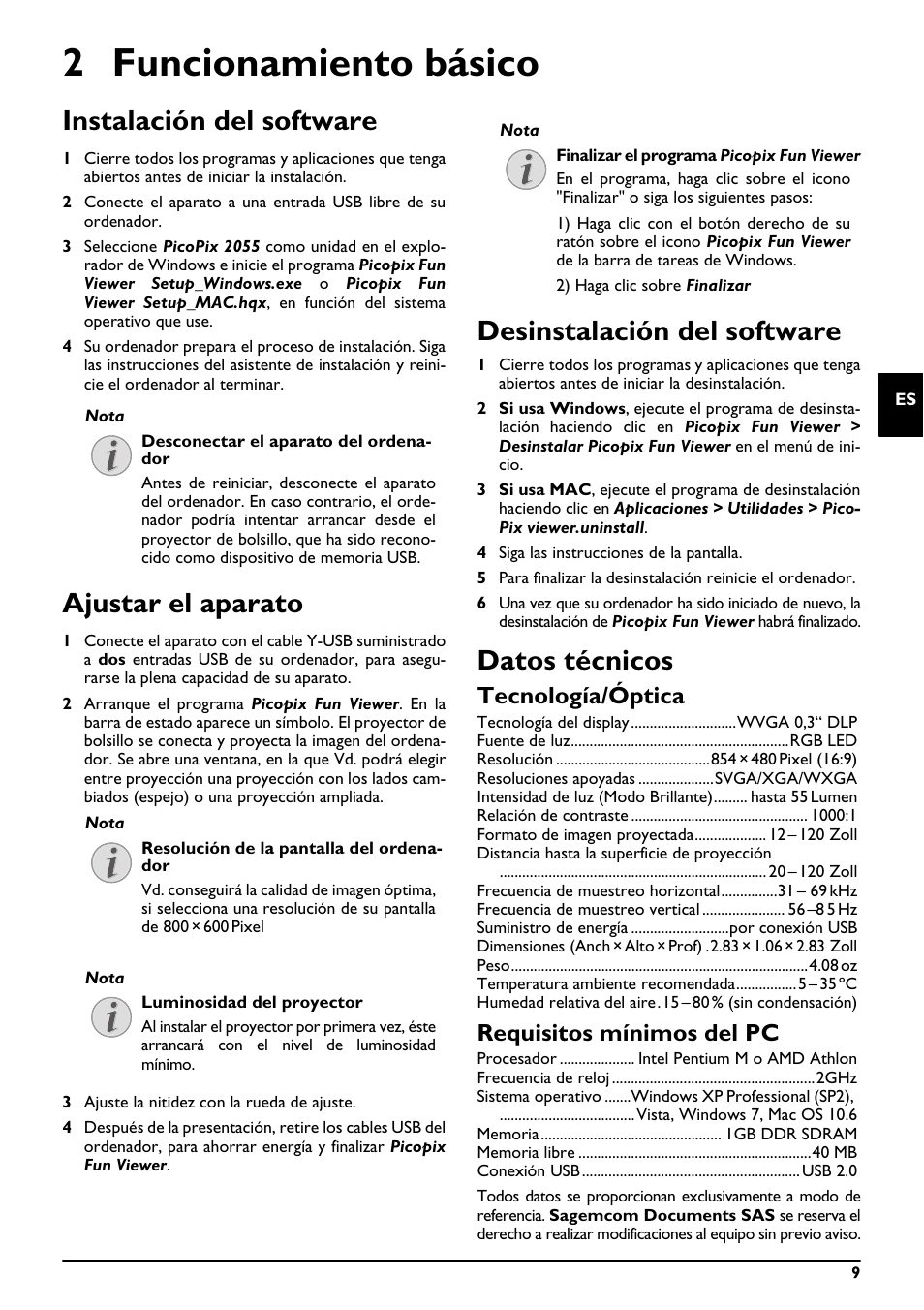 2 funcionamiento básico, Instalación del software, Ajustar el aparato | Desinstalación del software, Datos técnicos, Tecnología/óptica, Requisitos mínimos del pc | Philips PicoPix Pocket projector PPX2055 55 lumens for Notebooks User Manual | Page 9 / 12