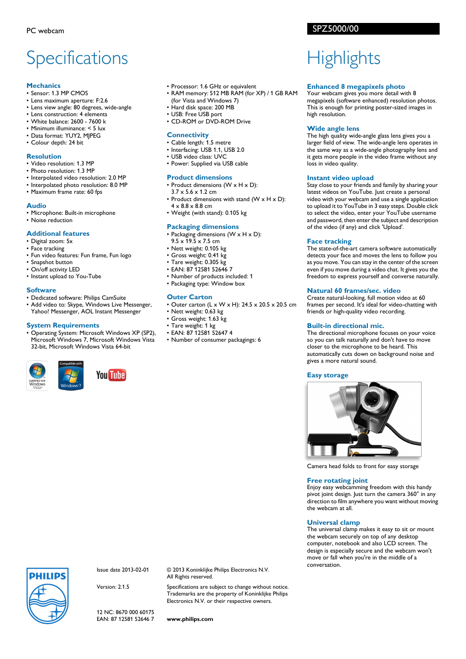 Specifications, Highlights | Philips SPZ5000-00 User Manual | Page 2 / 2