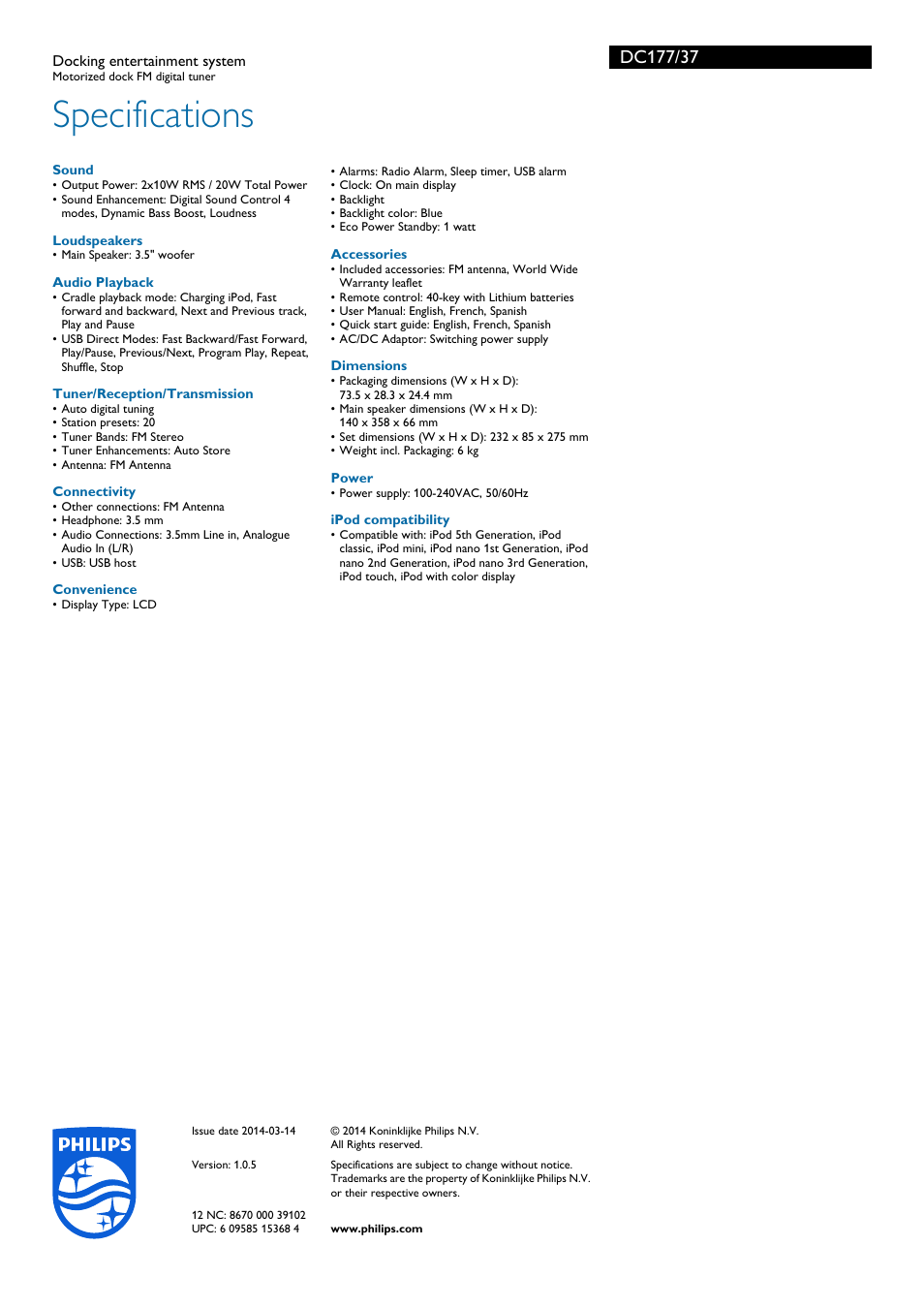 Specifications | Philips DC177-37B User Manual | Page 3 / 3