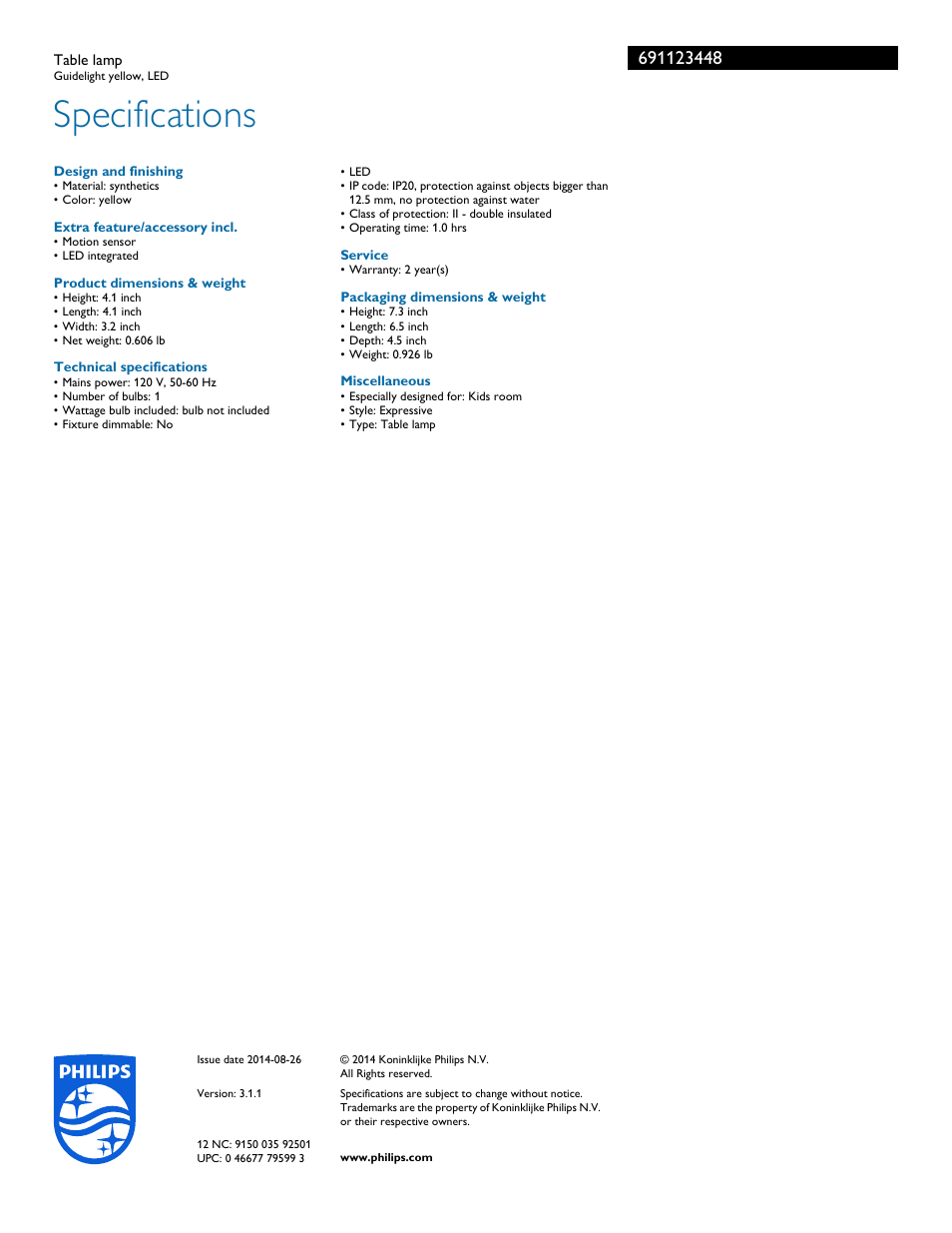 Specifications | Philips 691123448 User Manual | Page 2 / 2