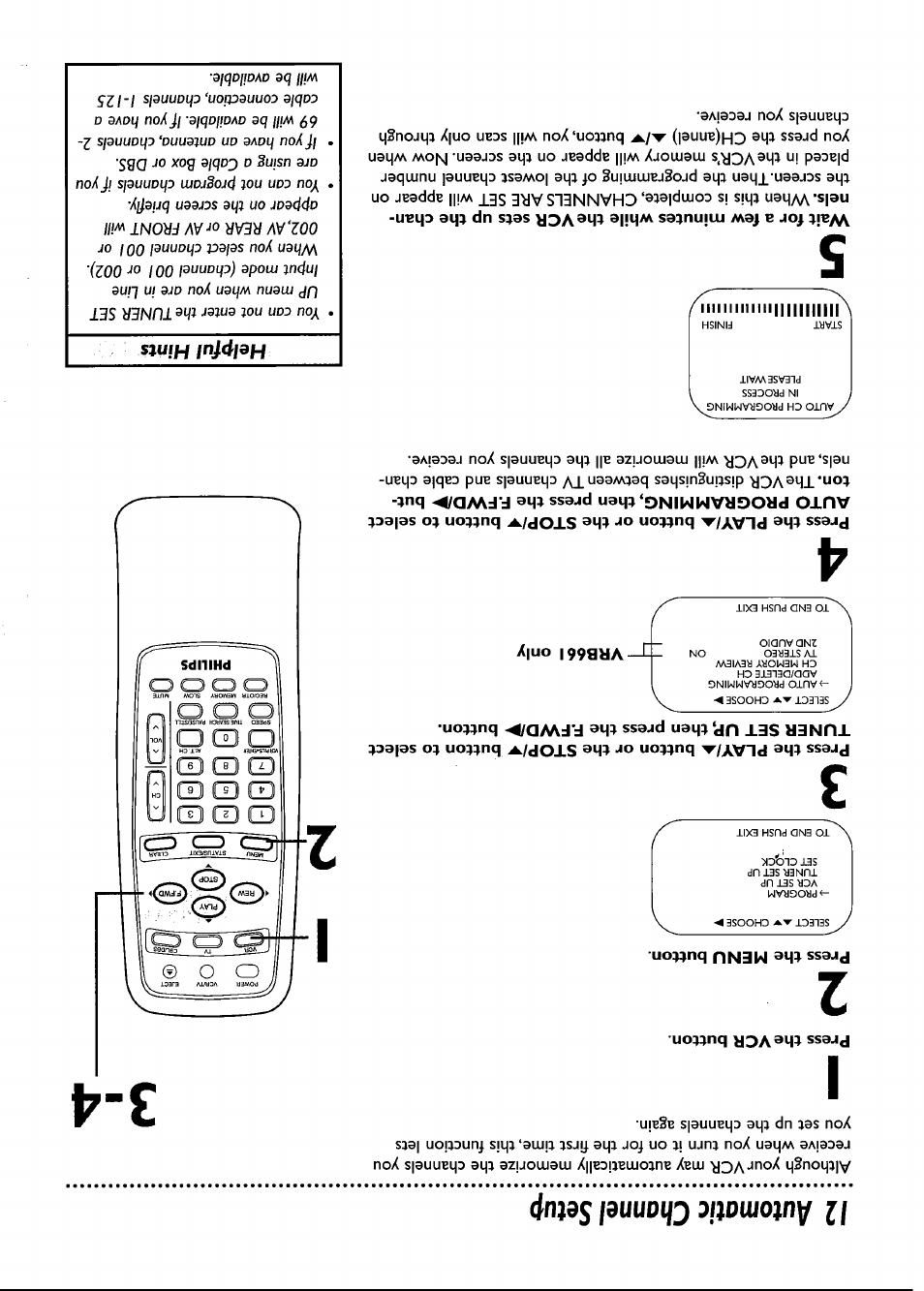 Press the vcr button, Press the menu button, 12 automatic channel setup | Philips VRB661AT User Manual | Page 12 / 60