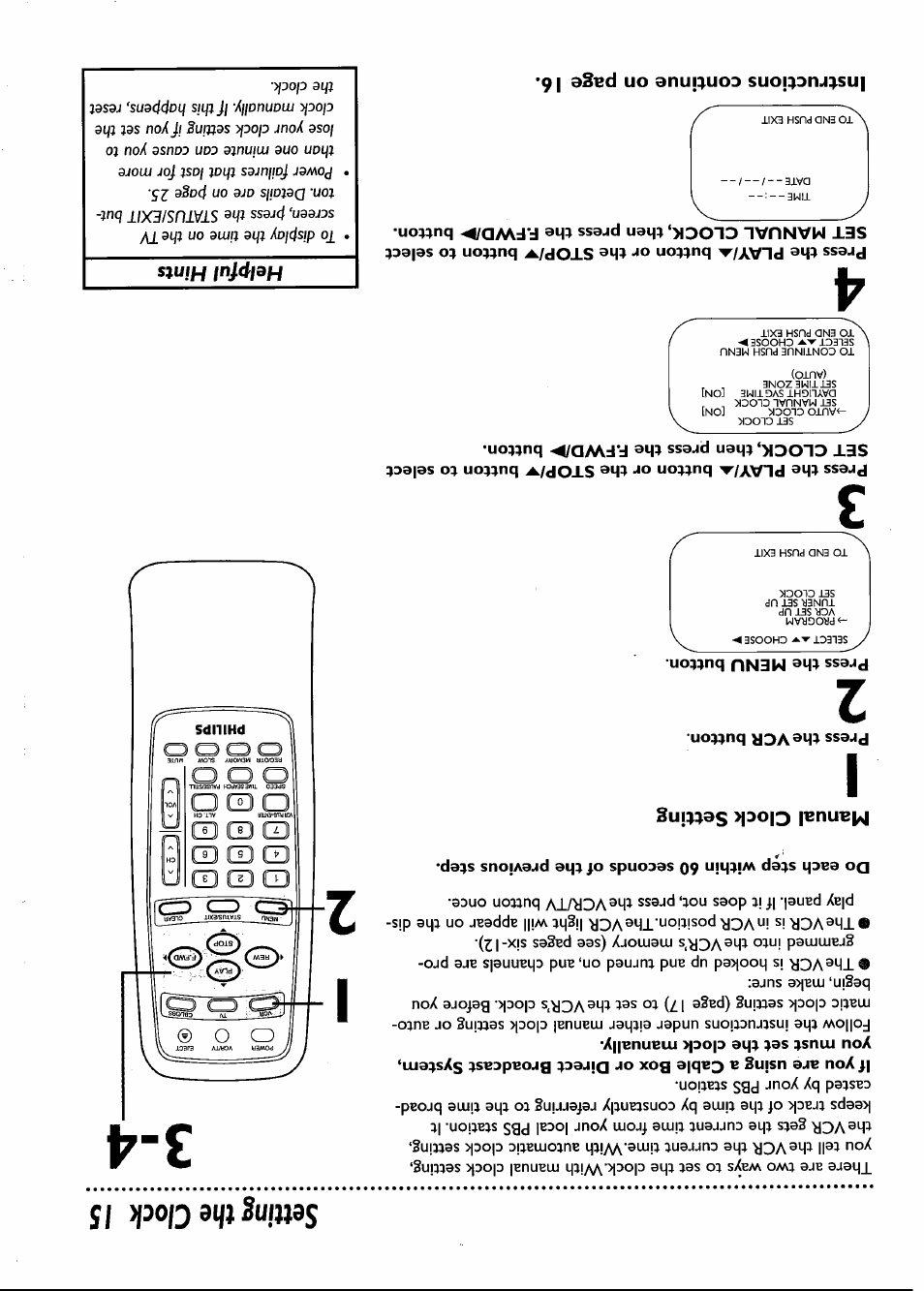 Press the vcr button, Press the menu button, 4 1 2 n | Setting the clock 15 | Philips VRB661AT User Manual | Page 15 / 60