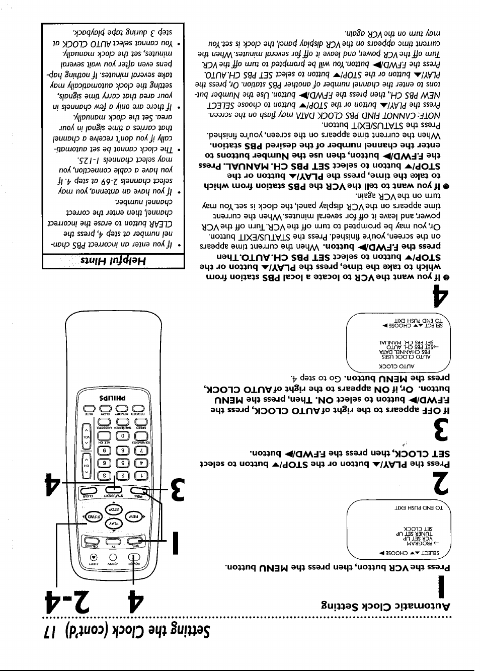 Press the vcr button, then press the menu button, Setting the clock (contad) 1 | Philips VRB661AT User Manual | Page 17 / 60