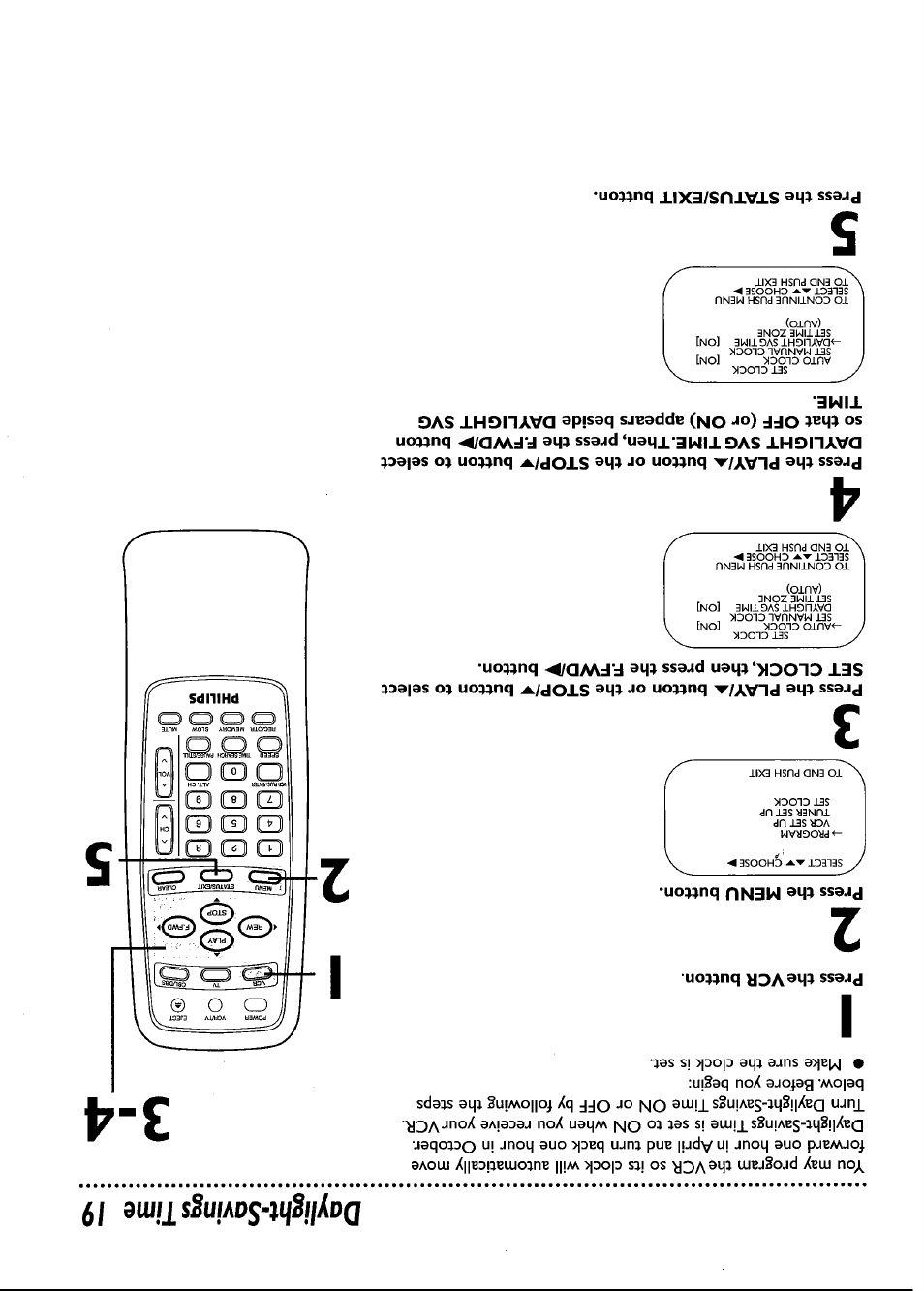 Press the menu button, Cid q, Press the button or the stop/^ button to select | Daylighusavings time 19 | Philips VRB661AT User Manual | Page 19 / 60