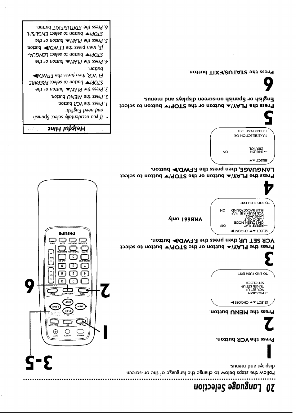 Press the vcr button, Press the menu button, Vrb66i only | 20 language selection | Philips VRB661AT User Manual | Page 20 / 60