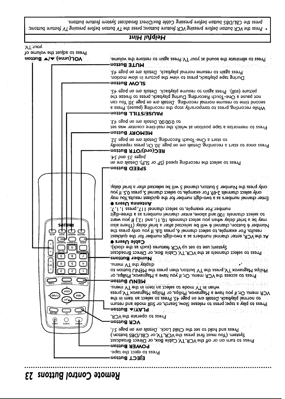 Eject button, Vcr button, Speed button | Pause/still button, Slow button, Remote control buttons 23, Cb o (/ll, Helpful hint | Philips VRB661AT User Manual | Page 23 / 60