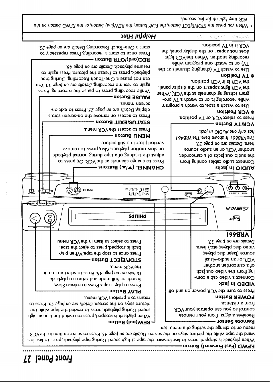 Front panel 27, Vrb661, Helpful hint | Philips VRB661AT User Manual | Page 27 / 60