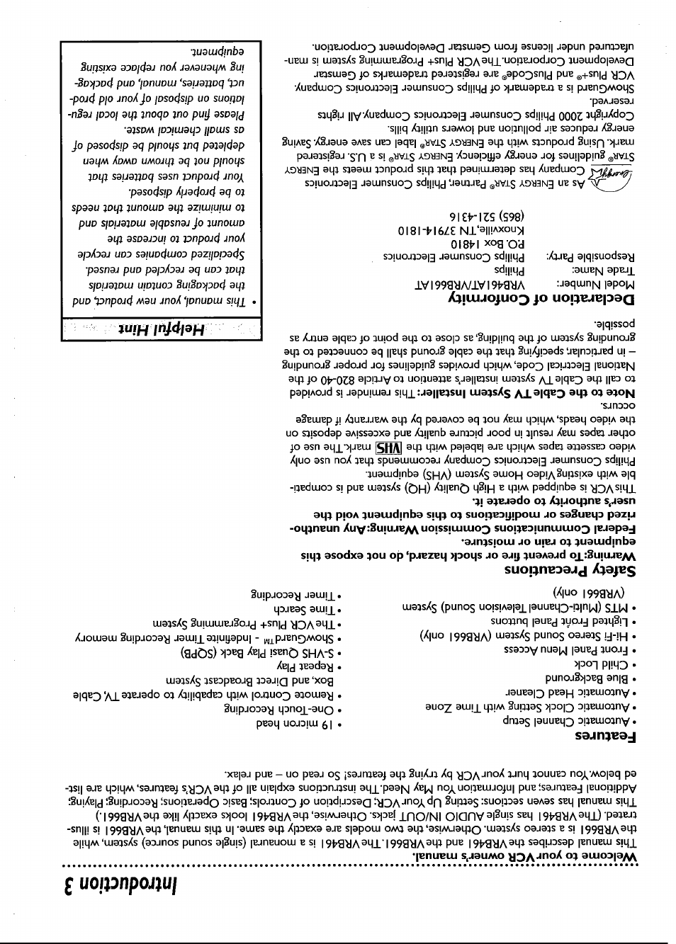 Introduction 3, Features, Safety precautions | Declaration of conformity, Hefpfill hint | Philips VRB661AT User Manual | Page 3 / 60