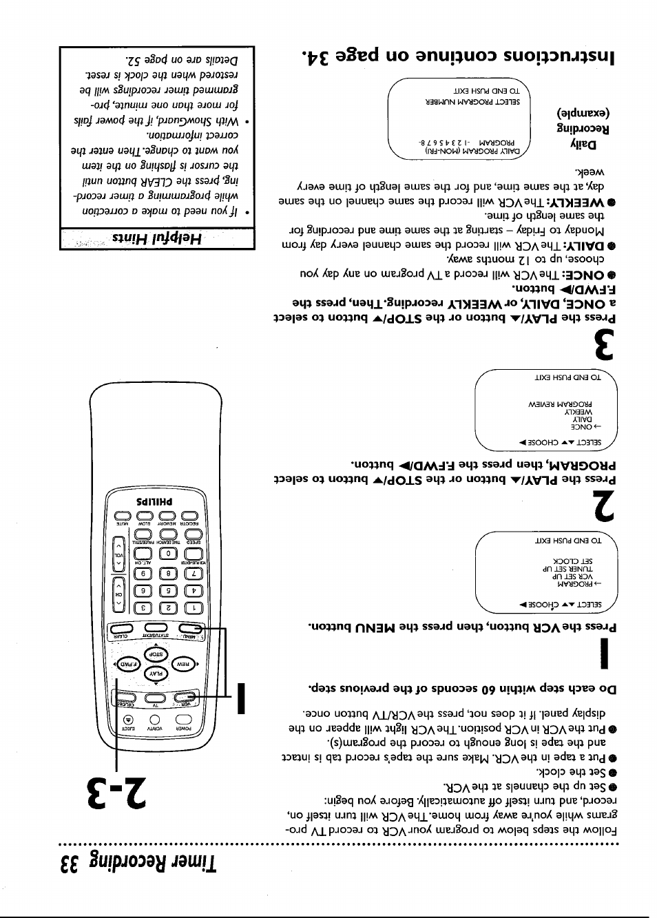 Press the vcr button, then press the menu button, Daily, Timer recording | Instructions continue on page 34 | Philips VRB661AT User Manual | Page 33 / 60