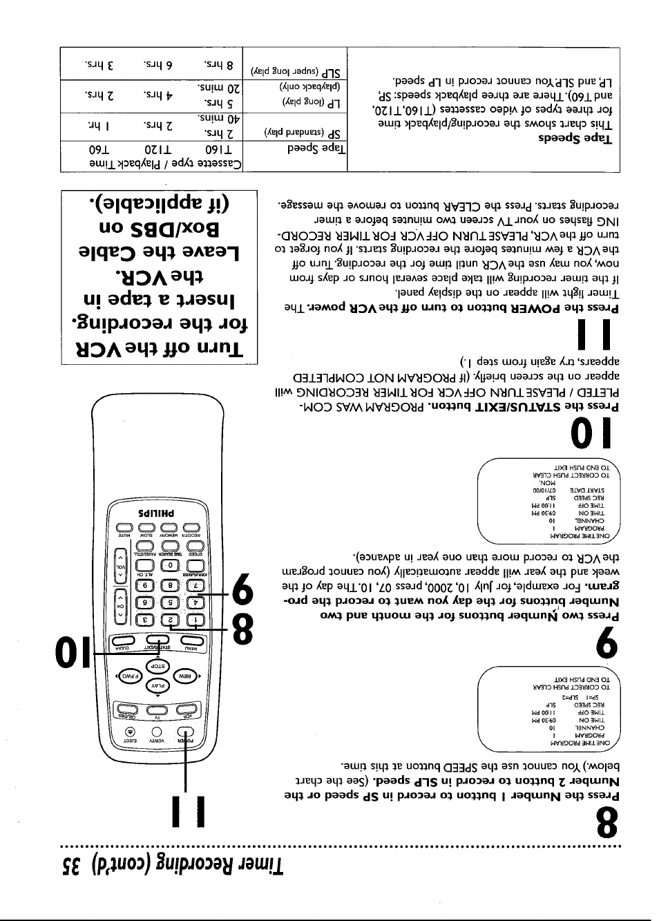 Tape speeds, Timer recording (cont*d) 35 | Philips VRB661AT User Manual | Page 35 / 60