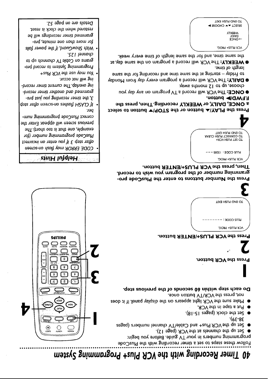 Press the vcr plus+/enter button, Hélpfui hints | Philips VRB661AT User Manual | Page 40 / 60