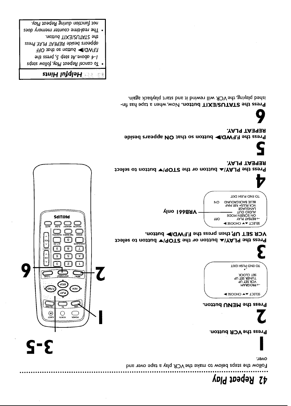 Press the vcr button, Press the menu button, 42 repeat play | Philips VRB661AT User Manual | Page 42 / 60