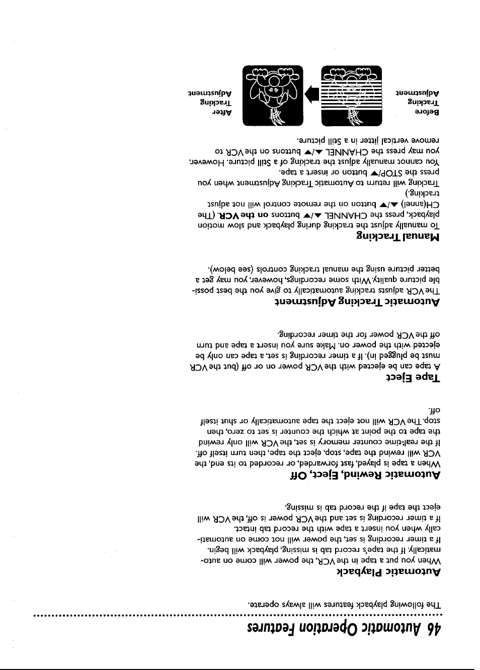 46 automatic operation features, Automatic playback, Automatic rewind, eject, off | Tape eject, Automatic tracking adjustment, Manual tracking | Philips VRB661AT User Manual | Page 46 / 60
