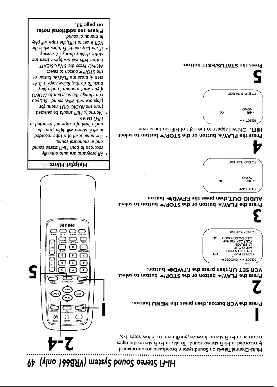 Press the vcr button, then press the menu button, Hi-fi stereo sound system (vrb66i oniy) 49, Fô: a | Philips VRB661AT User Manual | Page 49 / 60