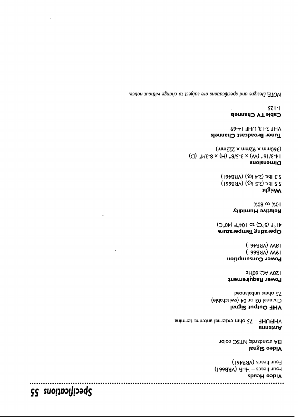 Video heads, Video signal, Antenna | Vhf output signal, Power requirement, Power consumption, Operating temperature, Relative humidity, Weight, Dimensions | Philips VRB661AT User Manual | Page 55 / 60