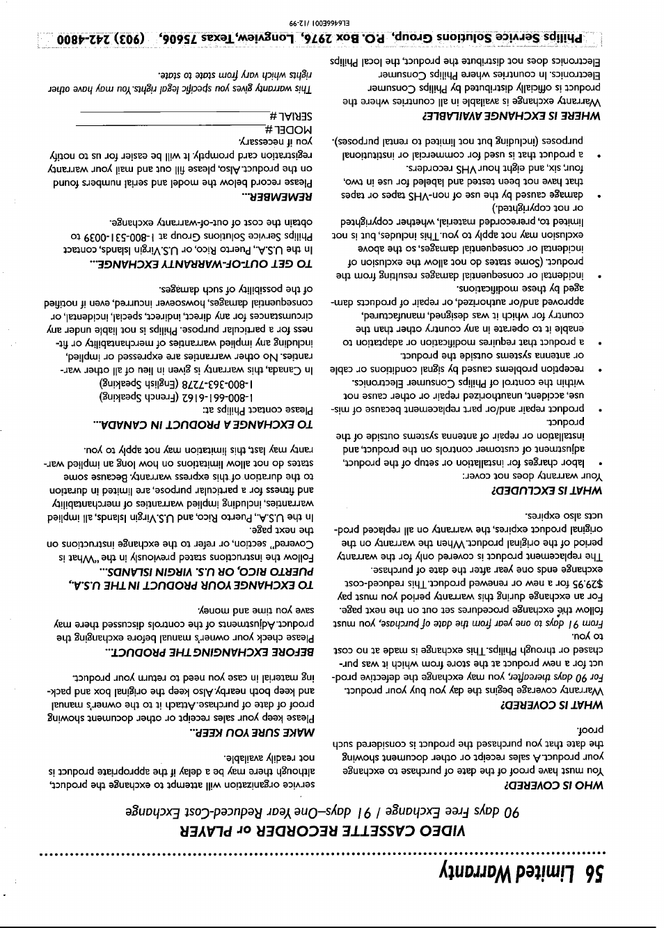 56 limited warranty, Video cassette recorder or player | Philips VRB661AT User Manual | Page 56 / 60