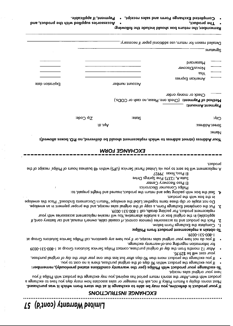 Limited warranty (contad) 57, Exchange instructions | Philips VRB661AT User Manual | Page 57 / 60